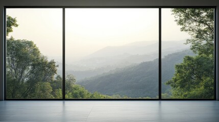 The glass window showcases a tranquil view of rolling mountains and trees, illuminated by soft morning light. Generative AI