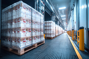 Loading dock with pallets of milk products being prepared for distribution
