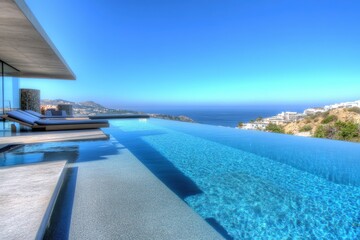 Fototapeta premium Serene minimalist outdoor pool with clear blue water and scenic horizon