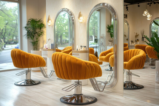 Luxurious modern salon interior with elegant chairs and large mirrors for sophisticated design