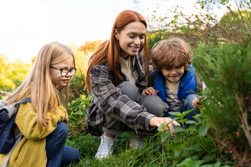 Naklejka premium School children together with teacher exploring green park of meadow