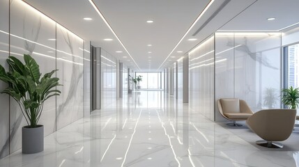 A high-end office lobby corridor with glossy marble flooring, bright recessed lighting, and minimalist seating, enhancing the sense of space.