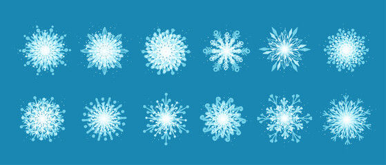 Blue icy snowflakes collection. Decorative holiday, seasonal ornaments. Vector graphics.