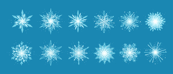 Blue icy snowflakes collection. Decorative holiday, seasonal ornaments. Vector graphics.