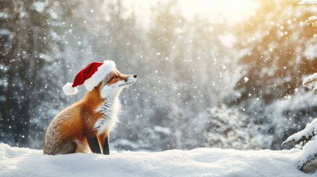 Fox in santa hat on snowy christmas forest background 
