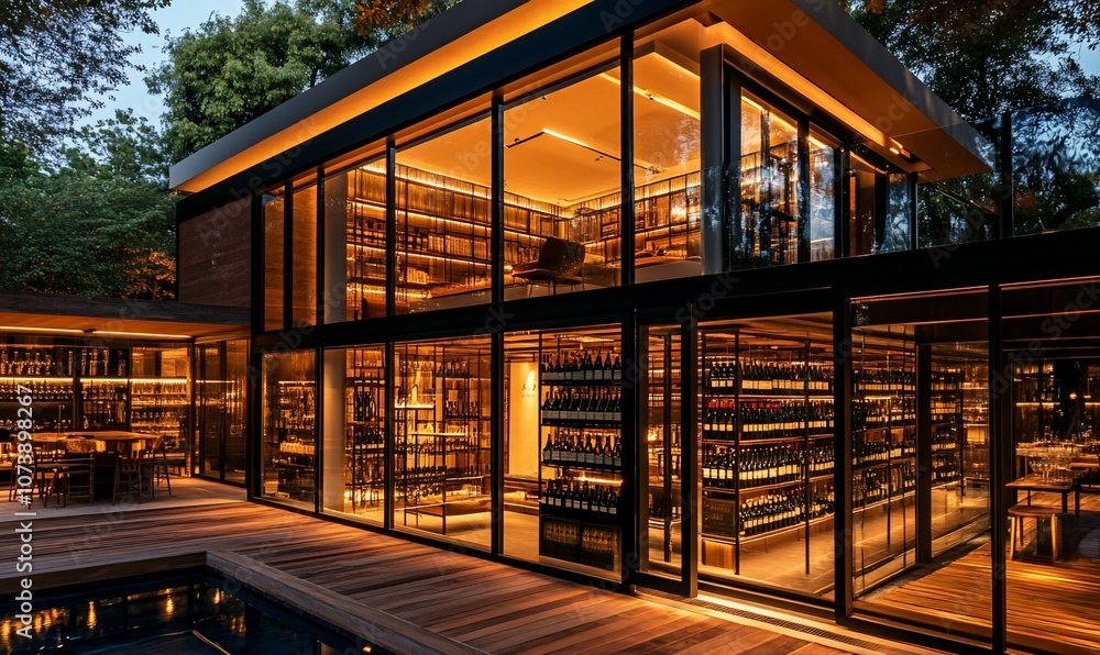 Poster modern glass building with a pool and wooden deck, illuminated at night. the building has large wind
