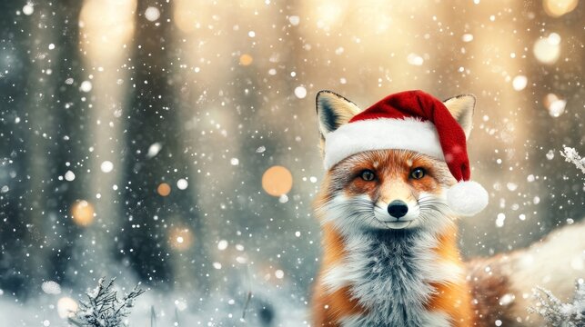 Fototapeta Fox in santa hat on snowy christmas forest background  