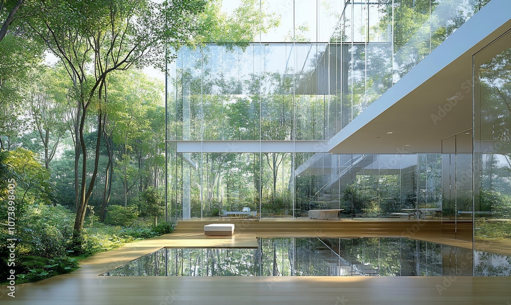 Poster modern glass building with a reflecting pool surrounded by lush greenery.