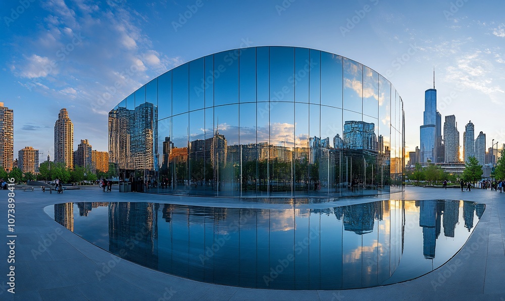 Poster modern glass building with a reflecting pool in front of it, with a city skyline in the background.