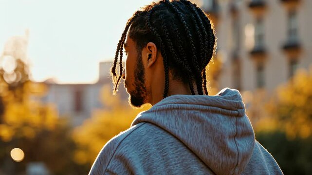 Young man with braids wearing a casual hoodie, standing under bright sunlight, city street in the background with slight blur, relaxed vibe