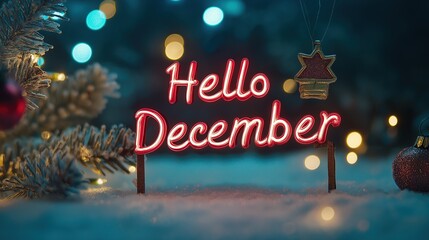 'Hello December' Sign with Holiday Decor, Welcoming December