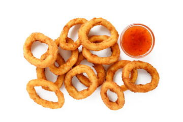 Delicious crispy fried calamari rings with red chili sauce . isolated on white background, top view