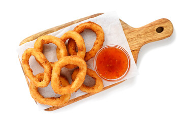 Delicious crispy fried calamari rings with red chili sauce . isolated on white background, top view