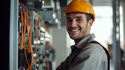 Smiling electrician working on electrical panels wearing a hard hat in a bright industrial setting during daytime