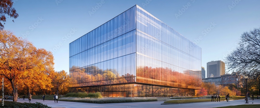 Poster Modern glass building with reflective facade in a park setting with autumn trees.