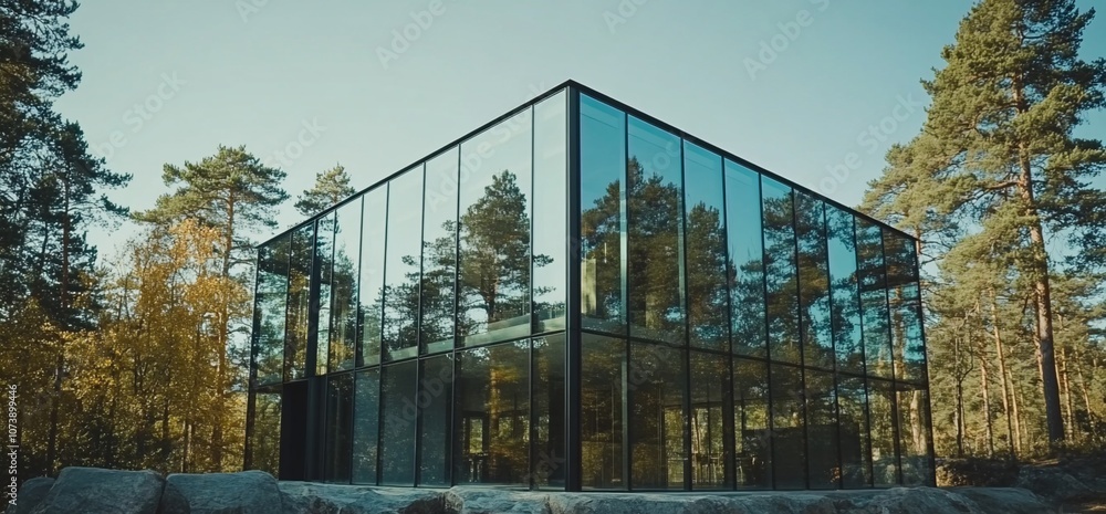 Poster modern glass building with trees reflecting in the windows.