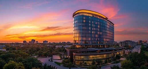 Modern glass hotel building with sunset sky reflecting in windows.
