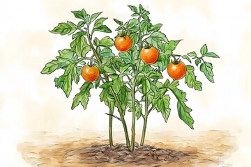 Watercolor illustration of a tomato plant with ripe tomatoes isolated on a white background
