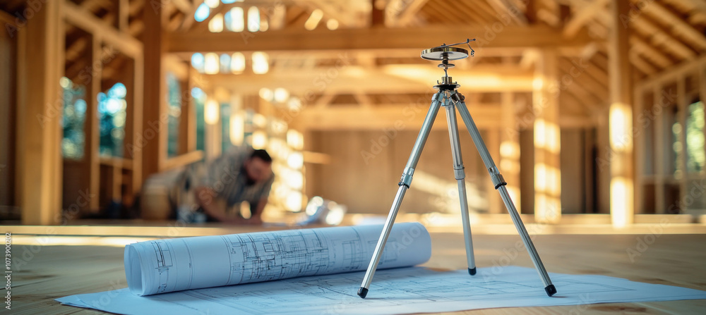 Poster laser level on tripod standing on blueprint in construction site with architect working