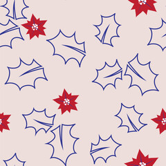 Elegant seamless pattern with parts of winter plants - poinsettia, mistletoe, branches of rowan tree with berries, holly leaves. Hand drawn vector illustration for wrapping paper, textile print.