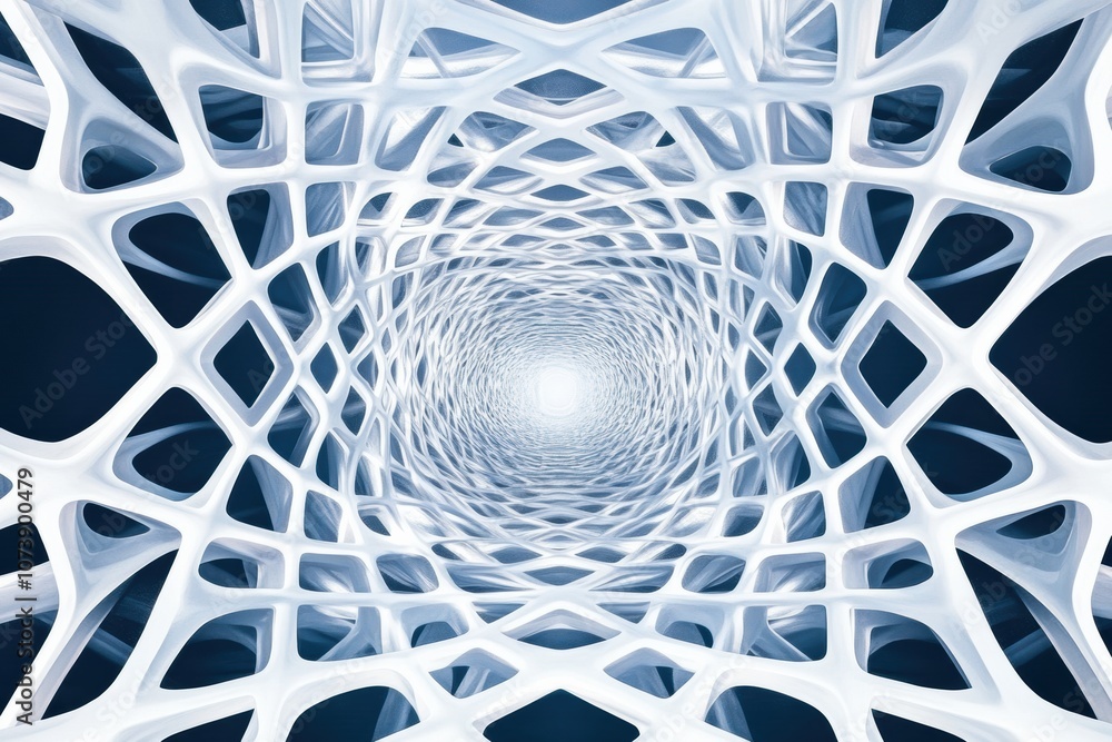 Poster The artwork showcases a mesmerizing abstract structure of blue and white lines creating a dynamic 3D tunnel effect, enhancing depth perception. Generative AI