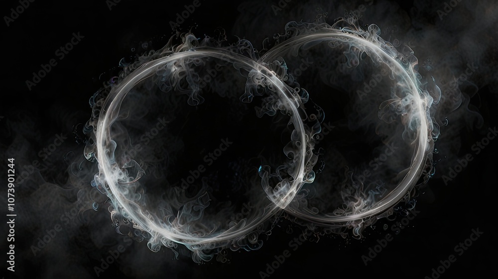 Aufkleber two circular forms intertwine surrounded by swirling smoke against a dark backdrop creating an ether