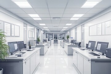 A hospital administrative office with minimalist desks and modern computers, clean, organized, and professional in appearance.