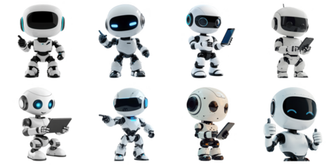AI Robot png collection in many action 3d transparent for product presentation.