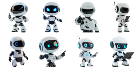 Set of AI robot png mockup in 3d may action without background for decoration.