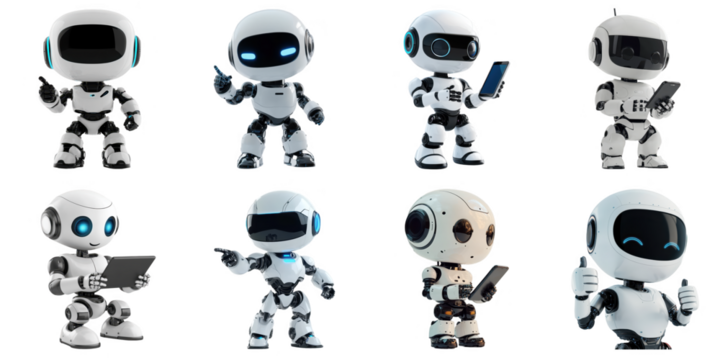 AI Robot png collection in many action 3d transparent for product presentation.