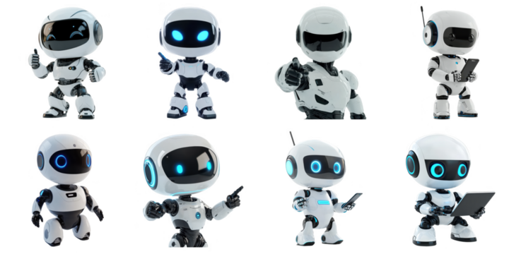 Set of AI robot png mockup in 3d may action without background for decoration.