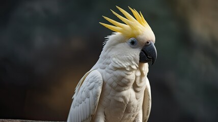 The white cockatoo stands prominently showcasing its bright yellow crest and striking features in a lush natural environment