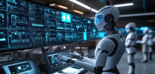 A hospital AI system analyzing real-time patient data on holographic screens, with robotic nurses assisting doctors in administering care.