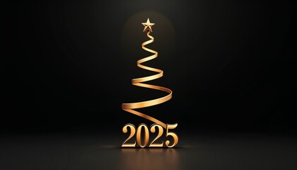 Elegant golden Christmas tree made of ribbon with the inscription 2025 against a black background