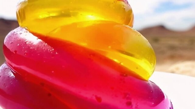 Close-up of vibrant, colorful Utah jello salad with layered colors against the desert horizon, Vibrant layers of Utah jello in a glass bowl with a contrasting desert horizon backdrop