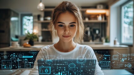 Young woman using futuristic technology in a modern kitchen