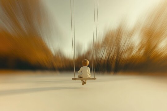 Child on swing in dreamy autumn landscape with motion blur