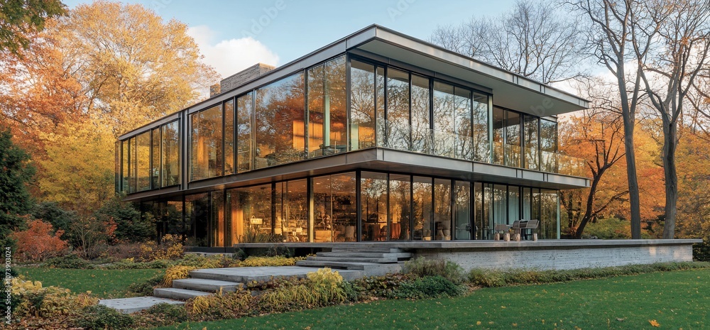 Poster modern home with large windows overlooking a lawn and trees in fall foliage.