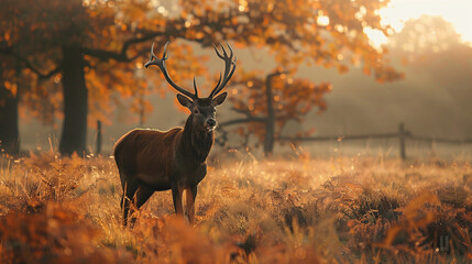 A Majestic Stag Stands in a Sunlit Autumn Meadow Surrounded by Vibrant Foliage in a Tranquil Landscape During Early Morning Hours