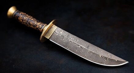 Ornate damascus steel hunting knife on dark background