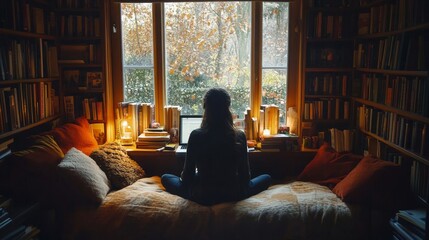 Serene woman sitting by the window in a cozy library setting