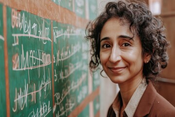 Teacher smiling in classroom with chalkboard full of mathematics