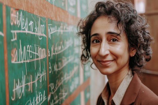 Teacher smiling in classroom with chalkboard full of mathematics