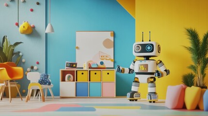 The colorful children's room features friendly robot assistants, playful decor, and inviting furniture, creating a joyful space for kids. Generative AI