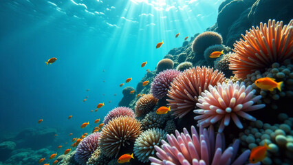 Colorful coral reef with vibrant coral and fish.
