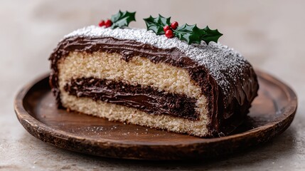 Festive chocolate cake with holly garnish
