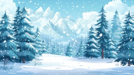 Fototapeta premium Snow-covered landscape with pine trees and distant mountains under blue sky