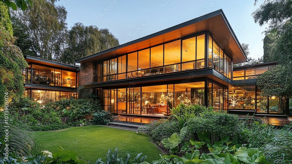 Poster modern house with large windows, illuminated from inside, surrounded by a lush garden and lawn in th