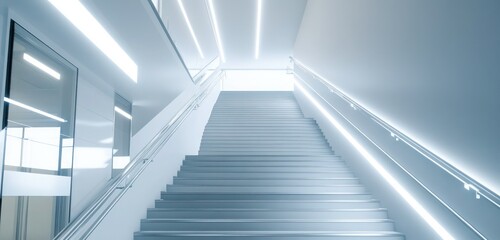 Fototapeta premium A hospital fire escape stairwell with bright lighting, clean, minimalist design ensuring safety and accessibility.