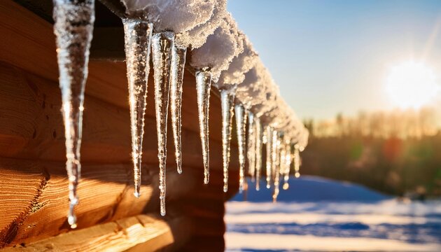 shining icicles hanging from above in the sun rays  -  frosty winter background